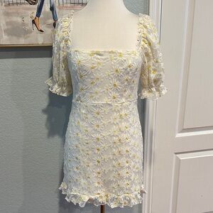 Moodie Sz Small Embroidered Daisy Puff Sleeve Mini Dress • NWT!